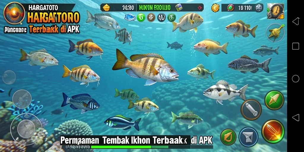 Tampilan gameplay HARGATOTO dengan aksi Tembak Ikan yang seru.